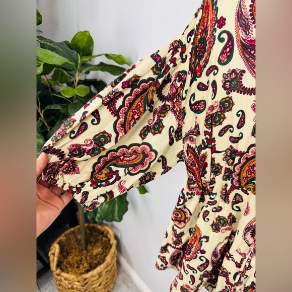 Zara Boho Chic Paisley Print Mini Tassle Mid Sleeve Dres w Quilted V Neck - Picture 4 of 8